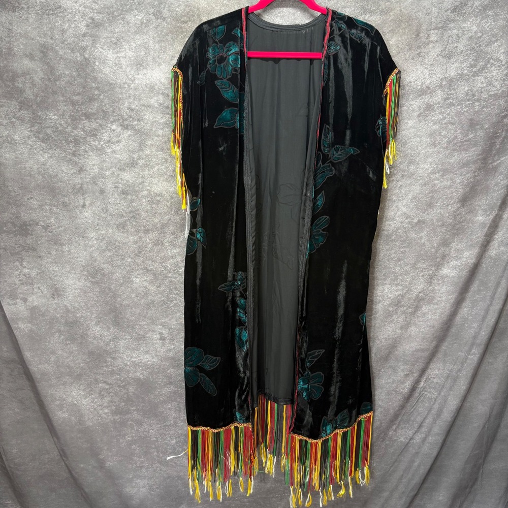 Whimsigoth Burnout Velvet Floral Fringe Duster Vest Size XL Black Green Festival
